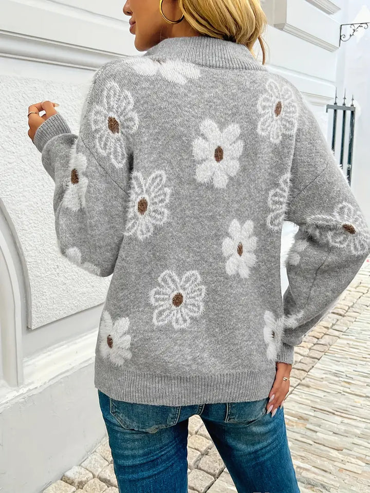 Pauline™ - Floral Zip Sweater with Dropped Shoulders