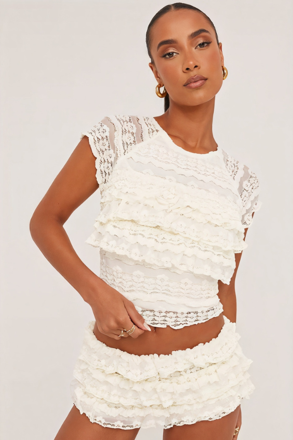 Brooklynne - Chic Sleeve Top And Ruffle Shorts Set