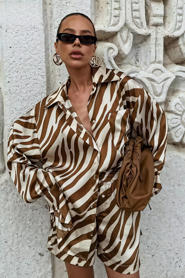 Talia - Leopard Print Long Sleeve Shirt and Short Set